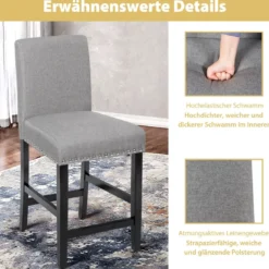 2er Set Barhocker mit Beinen aus Gummiholz & Atmungsaktivem Leinengewebe Barstühle Grau