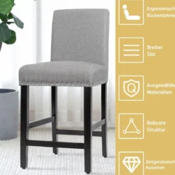 2er Set Barhocker mit Beinen aus Gummiholz & Atmungsaktivem Leinengewebe Barstühle Grau
