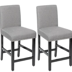 2er Set Barhocker mit Beinen aus Gummiholz & Atmungsaktivem Leinengewebe Barstühle Grau