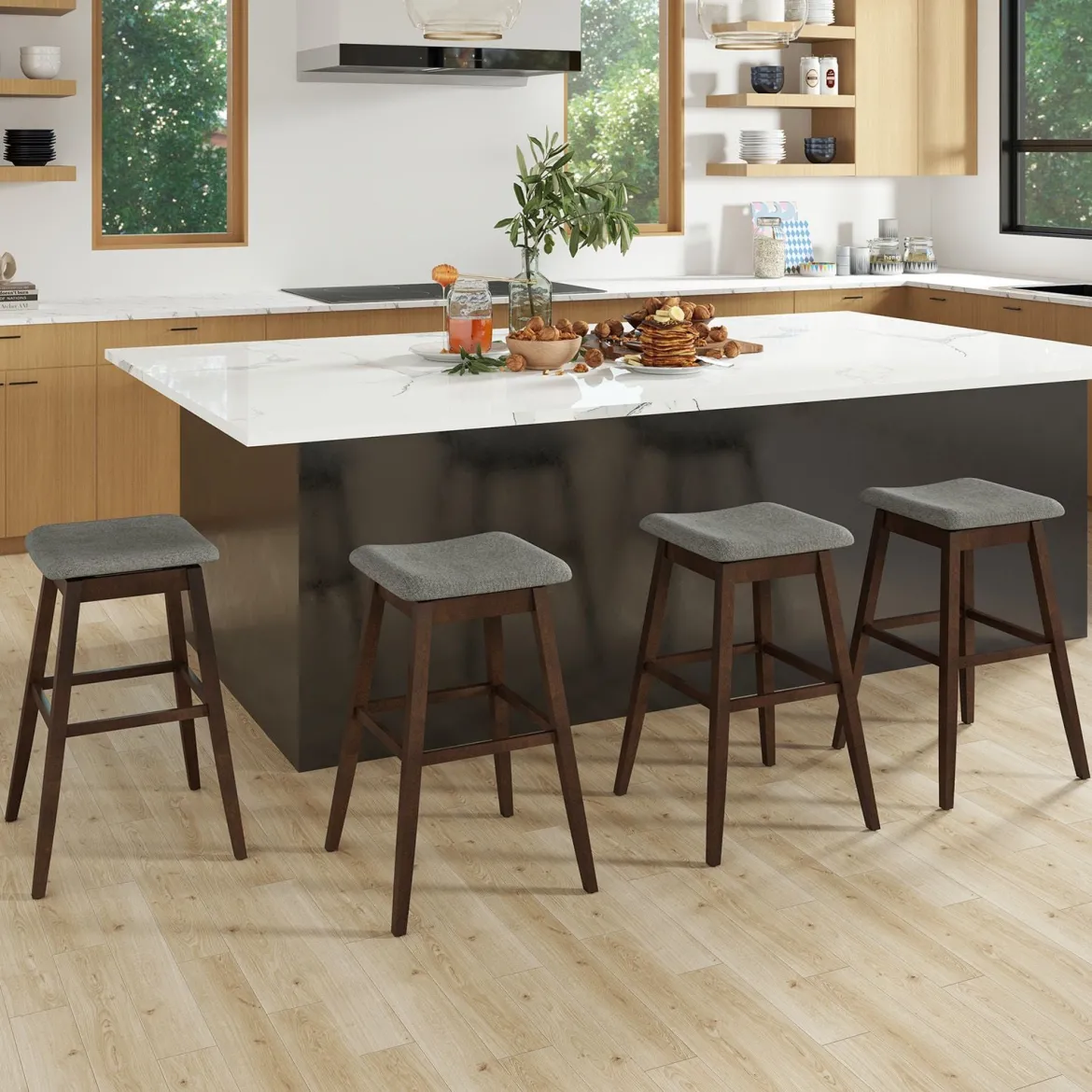2er Set Barhocker mit Fußstütze 360° Drehbarer Thekenhocker Gepolsterter Bistrohocker