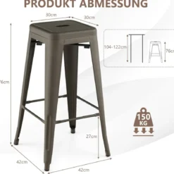 4er Set Barhocker mit Fußstütze Sitzhöhe 76cm bis 150kg Belastbar Stapelbare Tresenhocker Gun