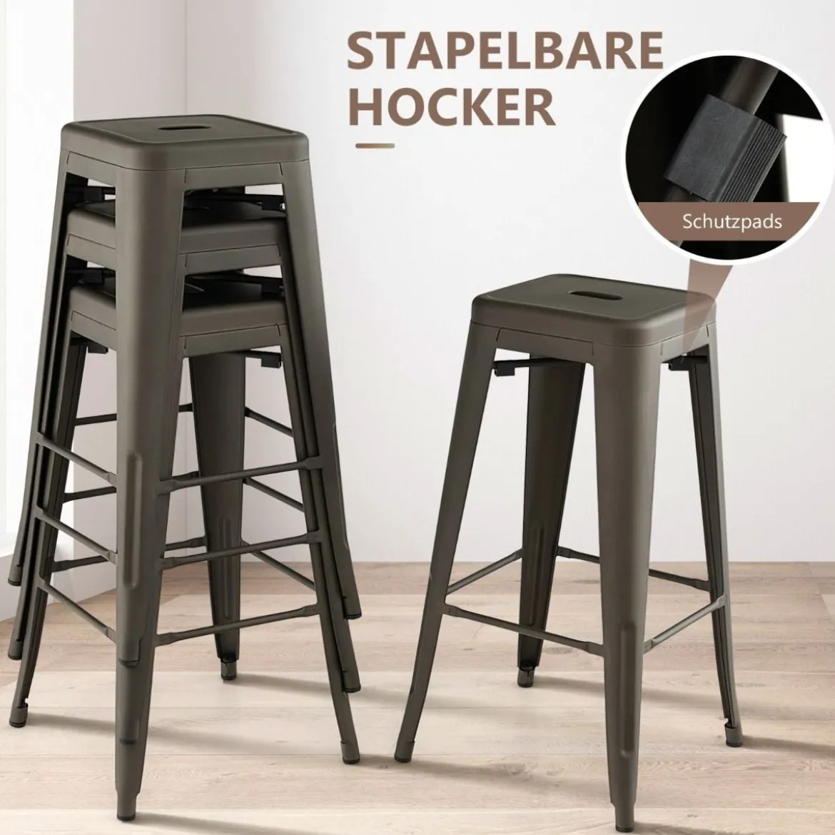 4er Set Barhocker mit Fußstütze Sitzhöhe 76cm bis 150kg Belastbar Stapelbare Tresenhocker Gun