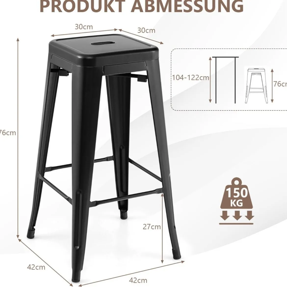 4er Set Barhocker mit Fußstütze Sitzhöhe 76cm bis 150kg Belastbar Stapelbare Tresenhocker Schwarz