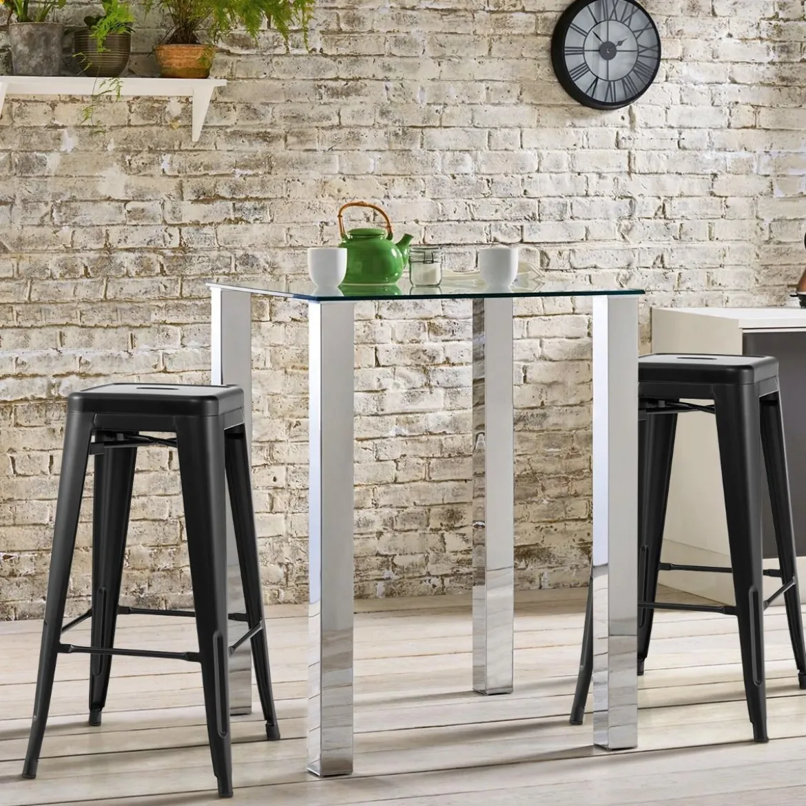 4er Set Barhocker mit Fußstütze Sitzhöhe 76cm bis 150kg Belastbar Stapelbare Tresenhocker Schwarz