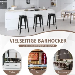 4er Set Barhocker mit Fußstütze Sitzhöhe 76cm bis 150kg Belastbar Stapelbare Tresenhocker Schwarz