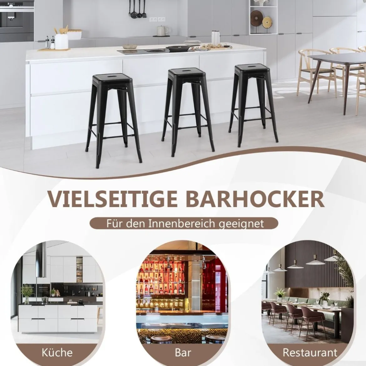 4er Set Barhocker mit Fußstütze Sitzhöhe 76cm bis 150kg Belastbar Stapelbare Tresenhocker Schwarz