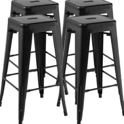 4er Set Barhocker mit Fußstütze Sitzhöhe 76cm bis 150kg Belastbar Stapelbare Tresenhocker Schwarz