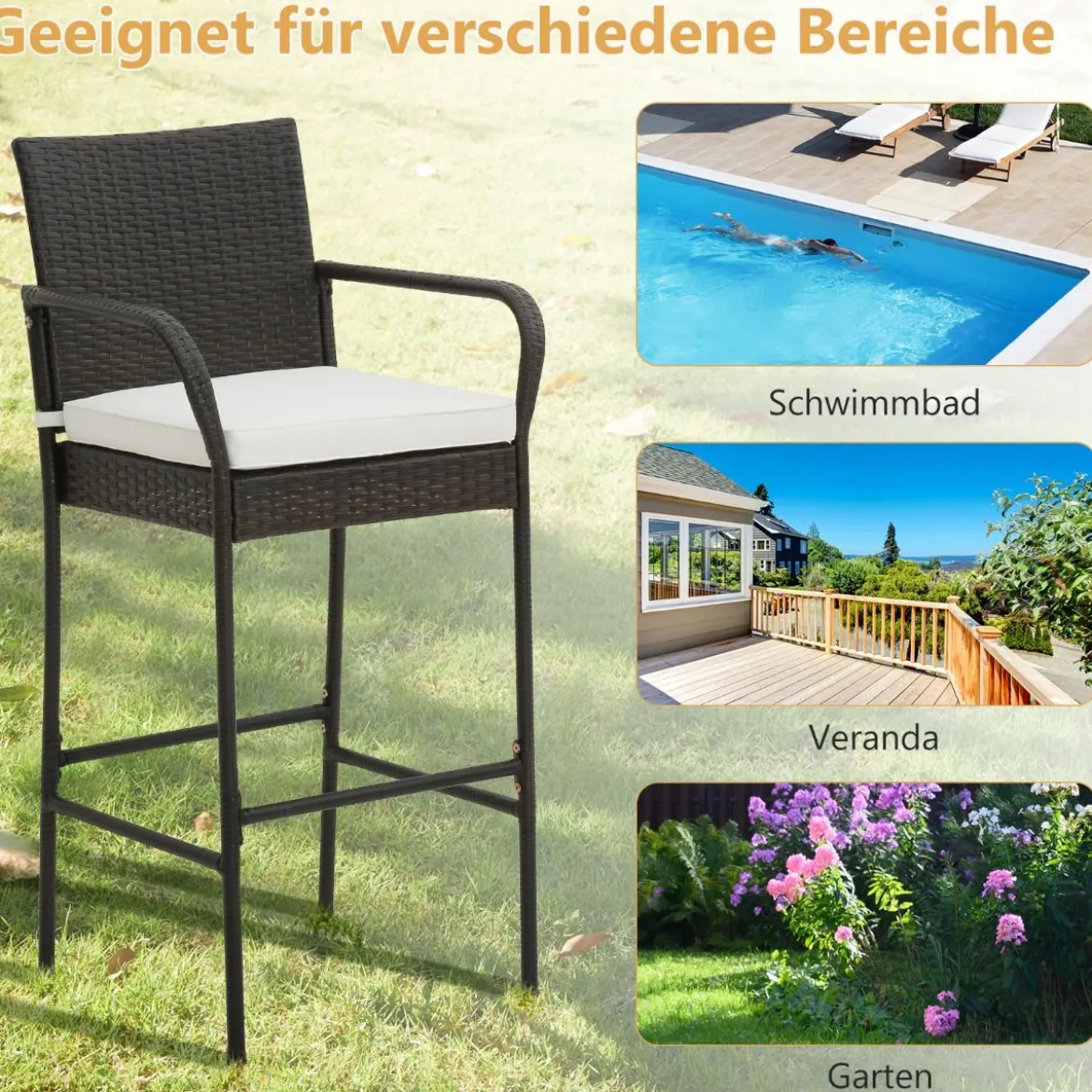 2er Set Barhocker mit Kissen & Fußstütze Rattan-Barstühle 180 kg Max. Belastbarkeit
