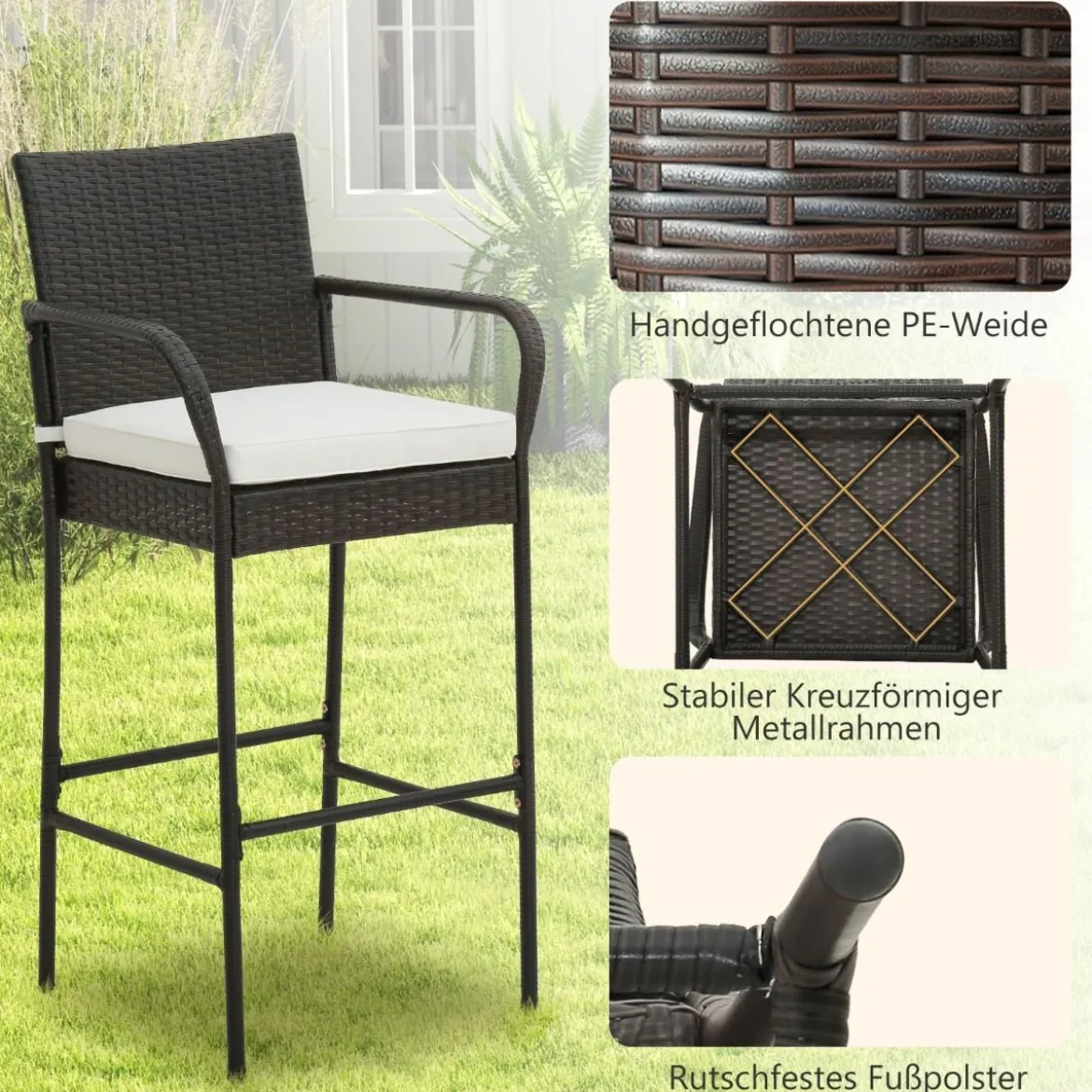 2er Set Barhocker mit Kissen & Fußstütze Rattan-Barstühle 180 kg Max. Belastbarkeit