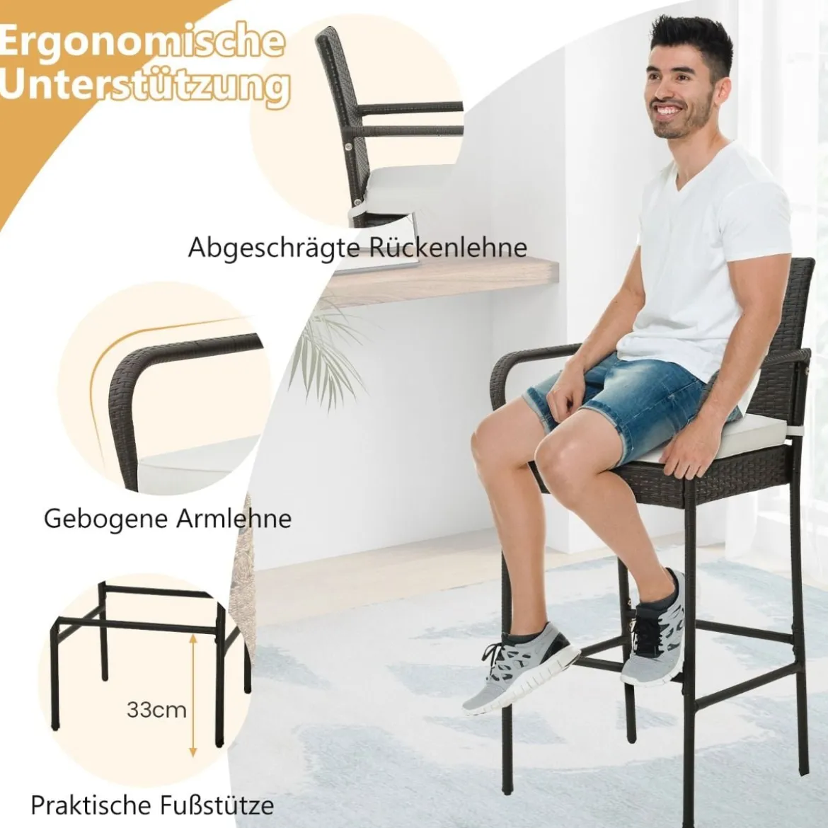 4er Set Barhocker mit Kissen & Fußstütze Rattan-Barstühle 180 kg Max. Belastbarkeit