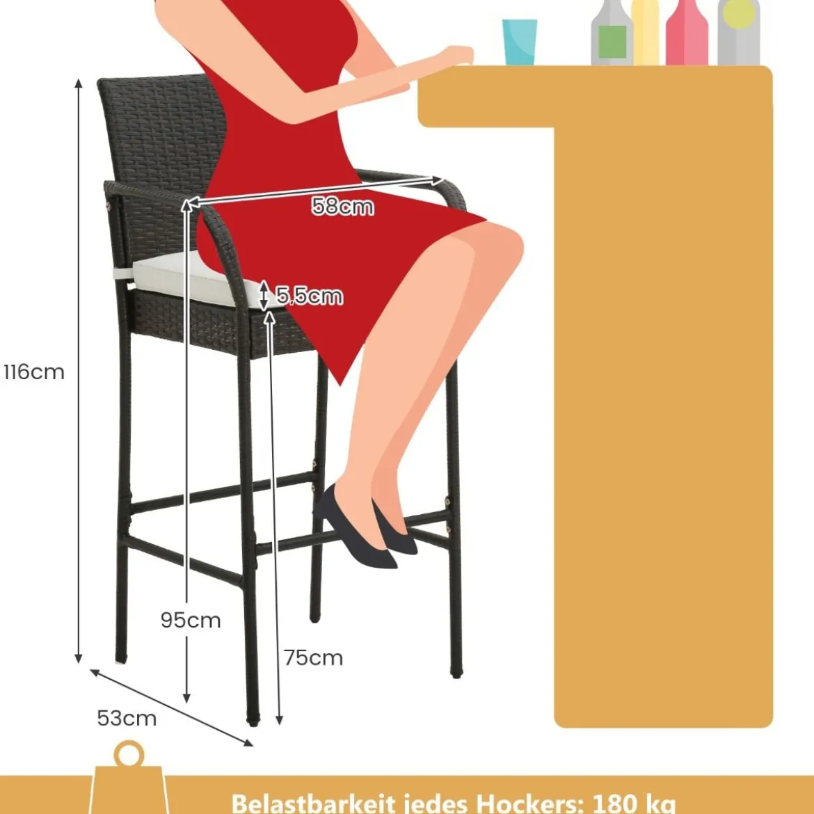 4er Set Barhocker mit Kissen & Fußstütze Rattan-Barstühle 180 kg Max. Belastbarkeit