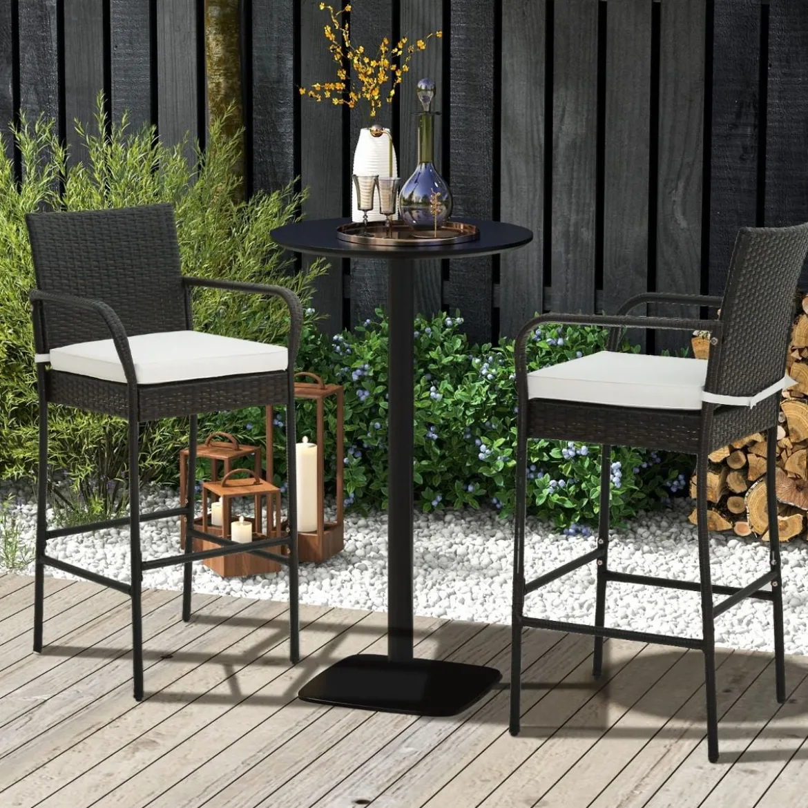 4er Set Barhocker mit Kissen & Fußstütze Rattan-Barstühle 180 kg Max. Belastbarkeit