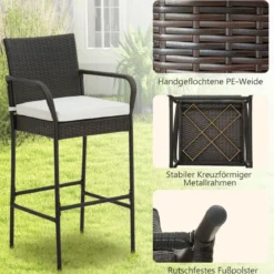 4er Set Barhocker mit Kissen & Fußstütze Rattan-Barstühle 180 kg Max. Belastbarkeit