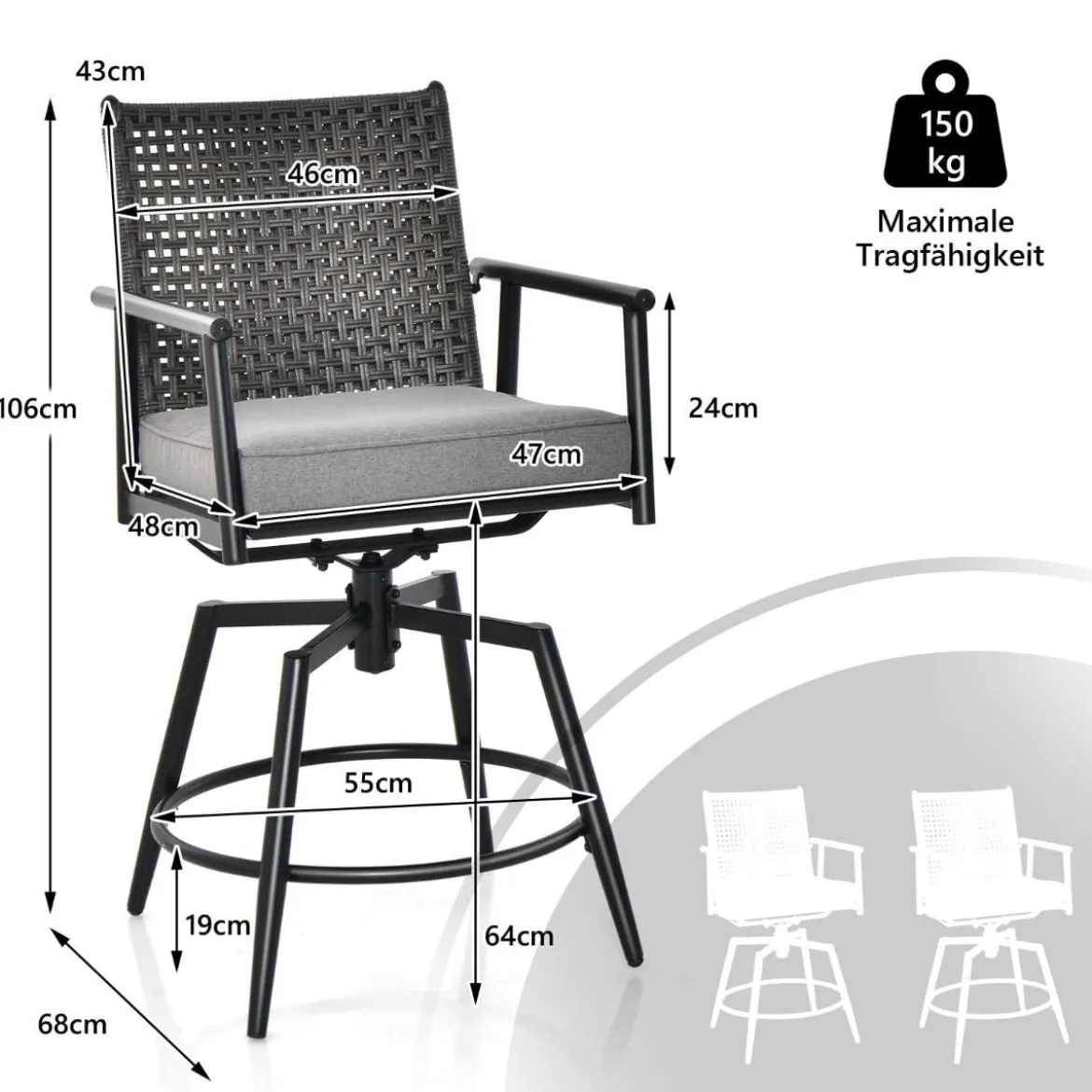 2er Set Barhocker mit 2-lagiger PE-Rattan-Rückenlehne & Abnehmbarem Gepolstertem Kissen Schwarz
