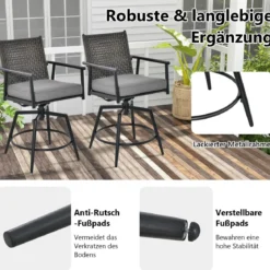 2er Set Barhocker mit 2-lagiger PE-Rattan-Rückenlehne & Abnehmbarem Gepolstertem Kissen Schwarz