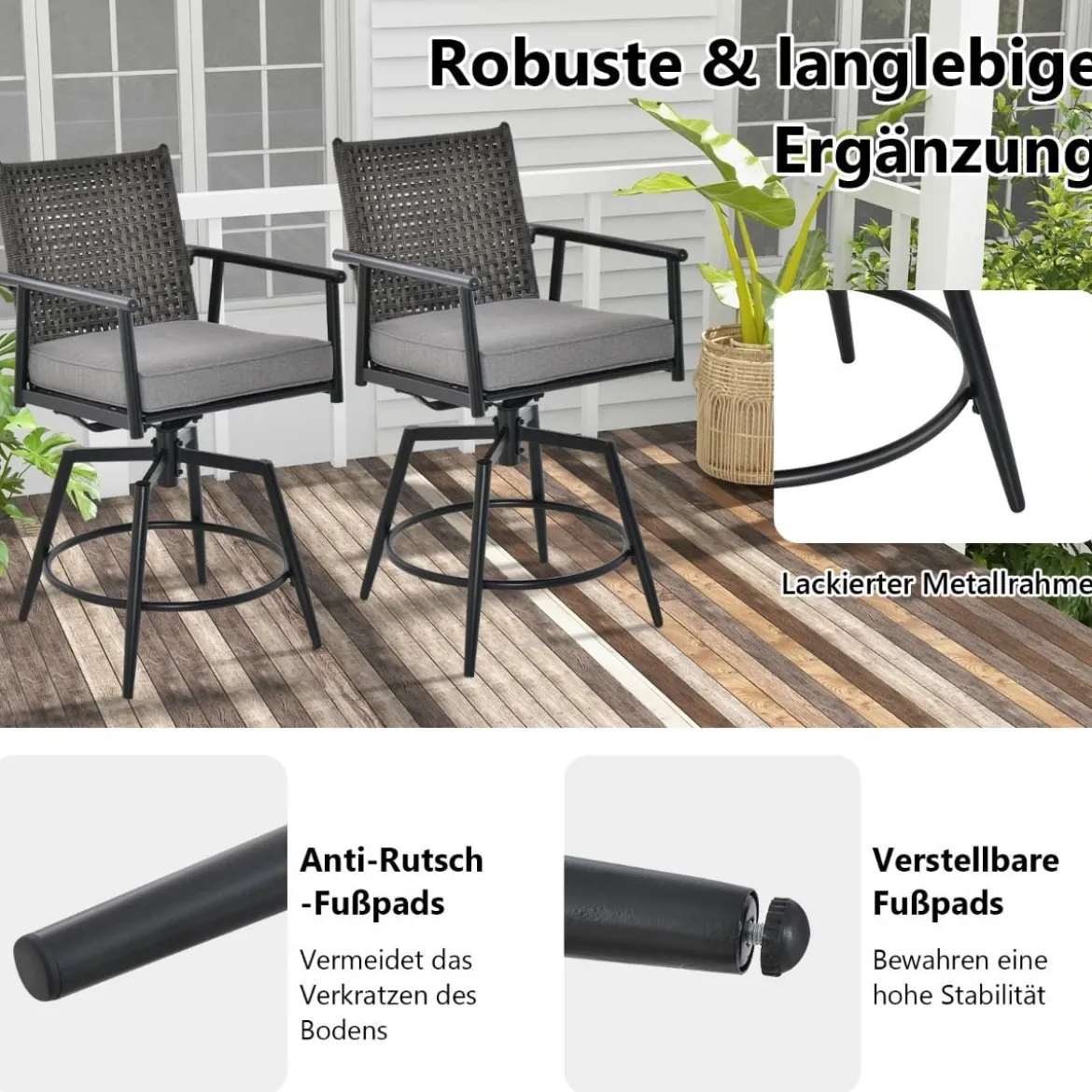 2er Set Barhocker mit 2-lagiger PE-Rattan-Rückenlehne & Abnehmbarem Gepolstertem Kissen Schwarz