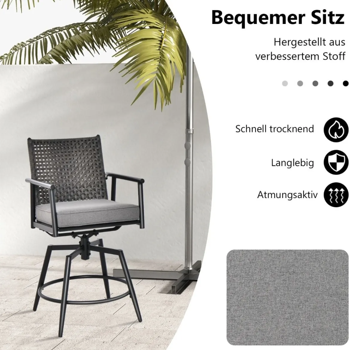 2er Set Barhocker mit 2-lagiger PE-Rattan-Rückenlehne & Abnehmbarem Gepolstertem Kissen Schwarz
