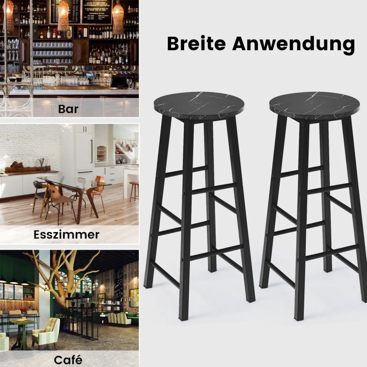 2er Set Barhocker mit Marmor Optik & Fußstütze & 71 cm Sitzhöhe Barstühle Tresenhocker Schwarz