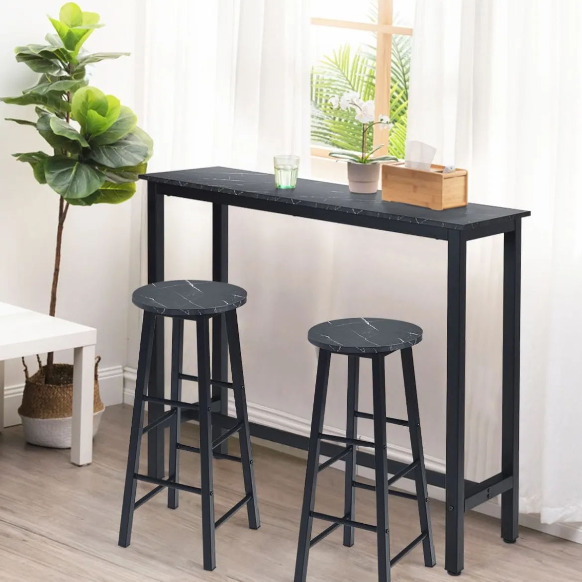 2er Set Barhocker mit Marmor Optik & Fußstütze & 71 cm Sitzhöhe Barstühle Tresenhocker Schwarz