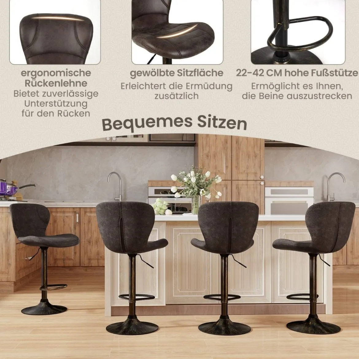 2er Set Barhocker mit Rückenlehne & Fußstütze Barstühle Tresenhocker Küchenhocker Braun