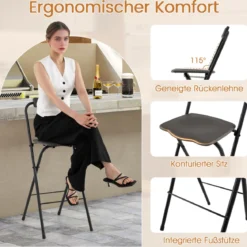 2er Set Barhocker mit Rückenlehne Klappbare Barstühle bis zu 150 kg Belastbar Grau