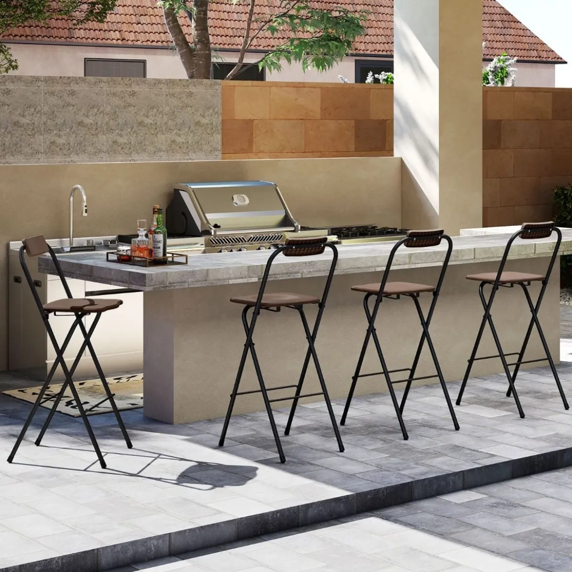 2er Set Barhocker mit Rückenlehne & Fußstütze Klappbare Barstühle bis zu 150 kg Belastbar Braun