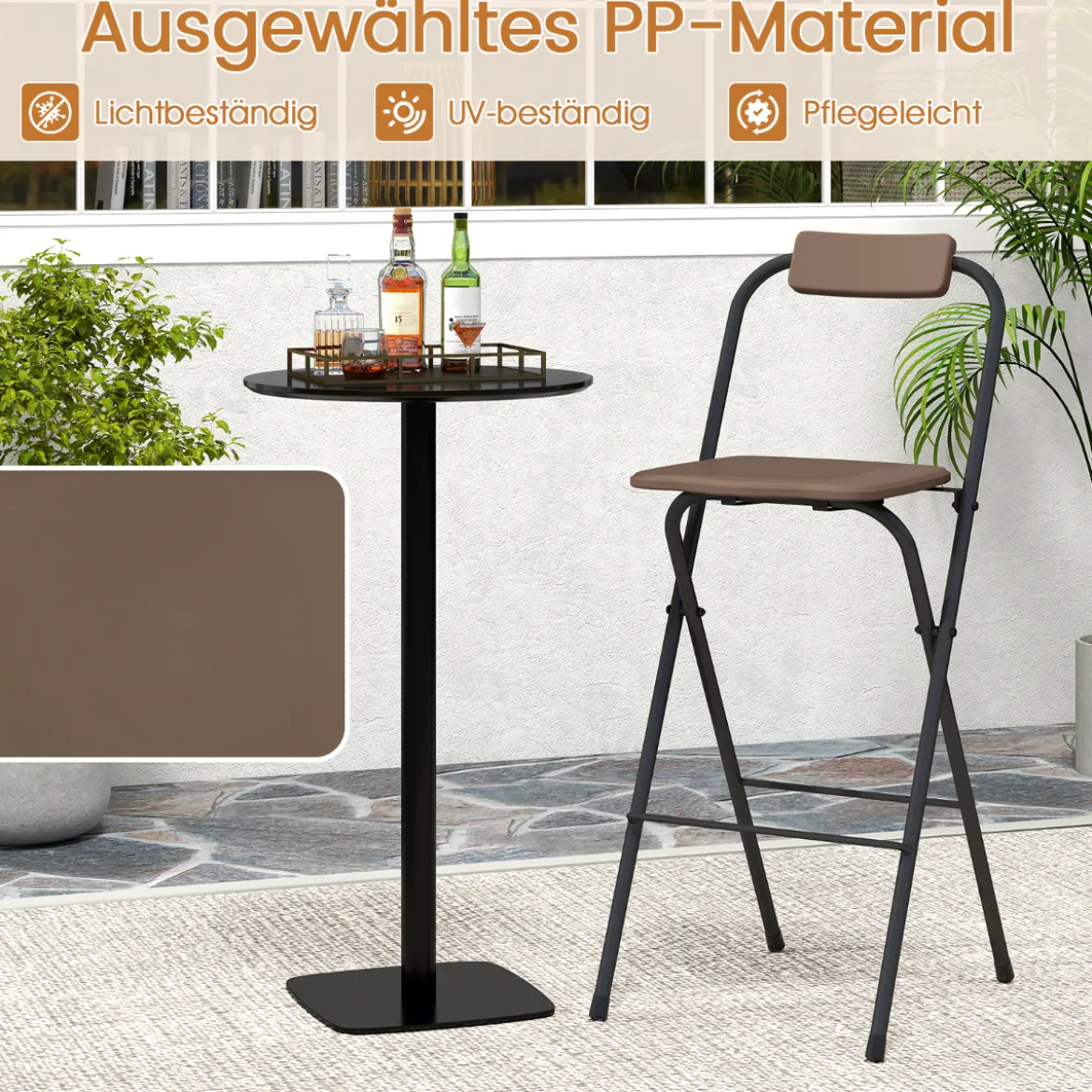 2er Set Barhocker mit Rückenlehne & Fußstütze Klappbare Barstühle bis zu 150 kg Belastbar Braun