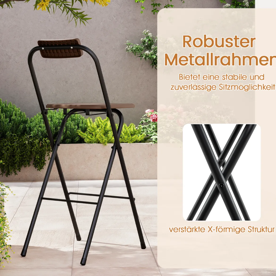 2er Set Barhocker mit Rückenlehne & Fußstütze Klappbare Barstühle bis zu 150 kg Belastbar Braun