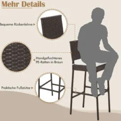 2er Set Barhocker mit Sitzpolsterung & Fußstütze Rattan Barstuhl bis 180 kg belastbar