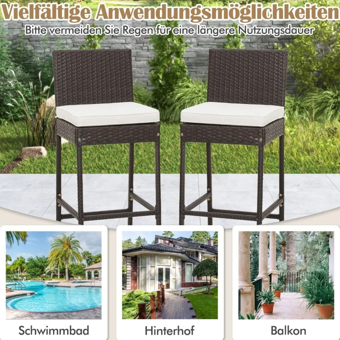 2er Set Barhocker mit Sitzpolsterung & Fußstütze Rattan Barstuhl bis 180 kg belastbar