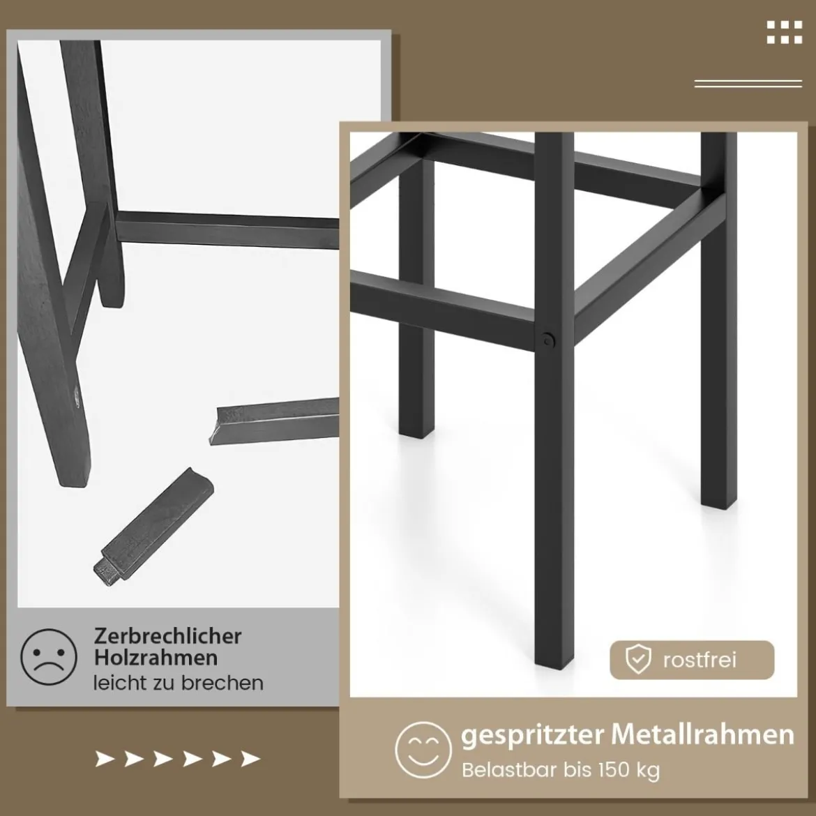 4er Set Barhocker mit Stahlgestell & Fußstütze & Industrie-Design Barstuhl Küchenstühle