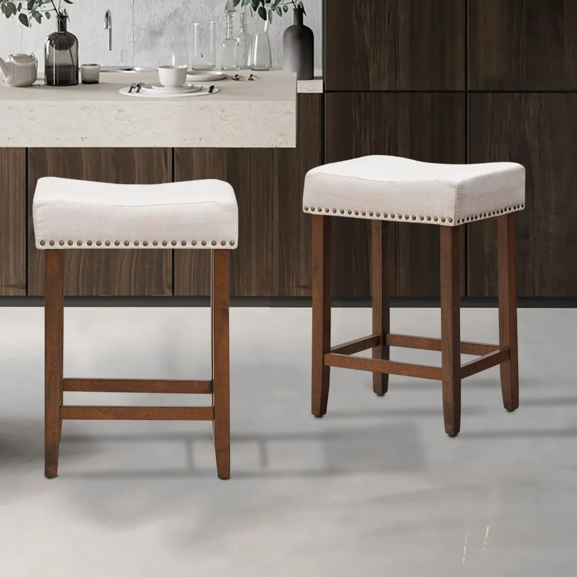 2er Set Barhocker Thekenhocker gepolsterter Barstuhl mit Holzbeine 43 x 33 x 61 cm Beige