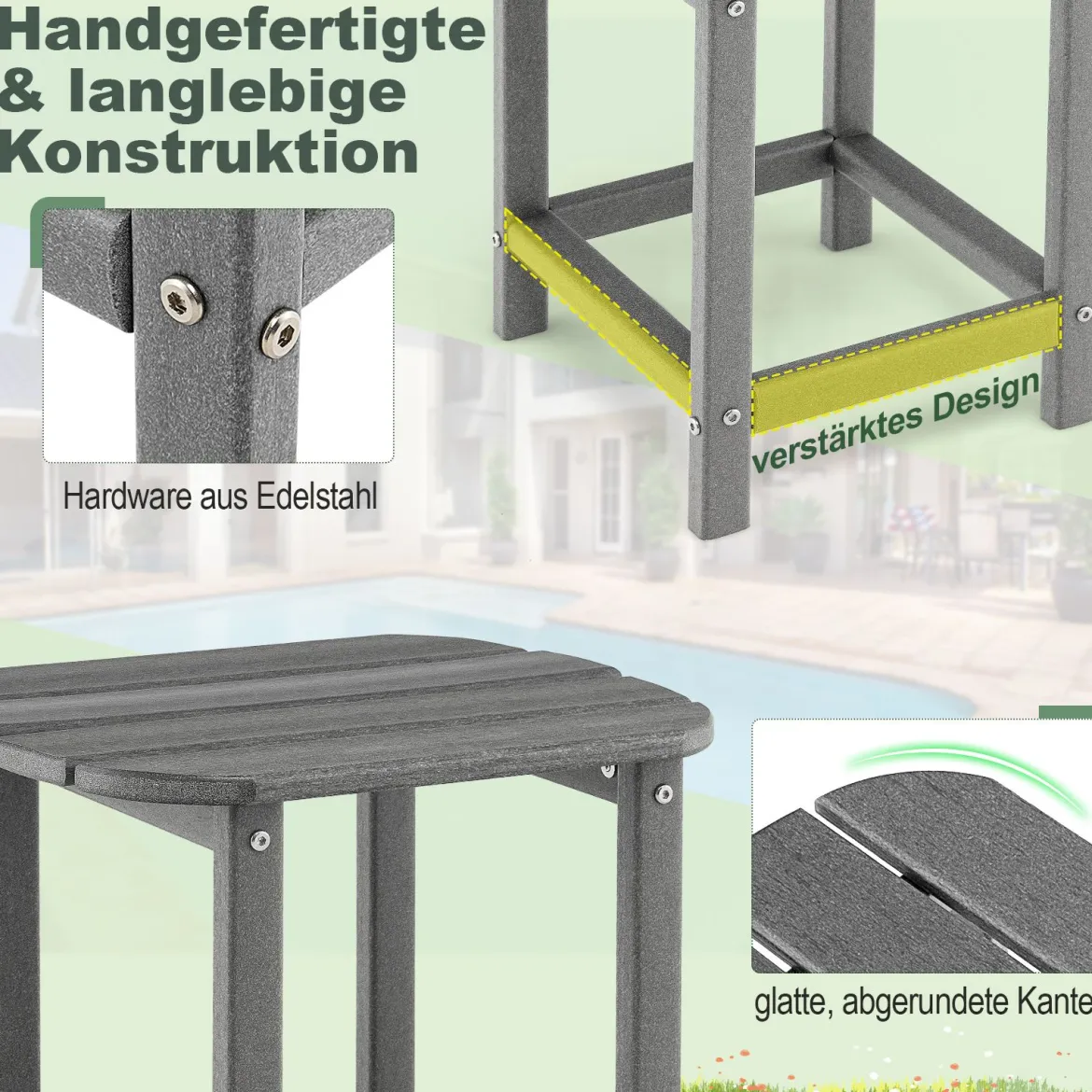 2er Set Beistelltisch aus HDPE Wetterfester Adirondack Gartentisch Kleiner Kaffeetisch Grau
