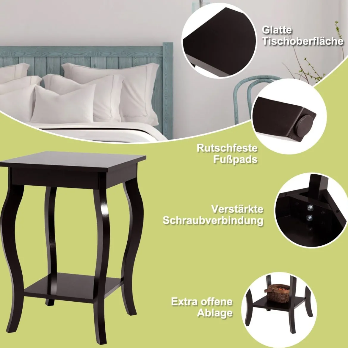 1/2er Set Beistelltisch aus Holz mit Ablage 2 Ebene Nachttisch Sofatisch 40 x 40 x 60 cm