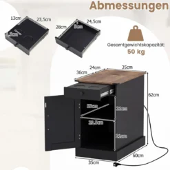 2er Set Beistelltisch Beistellschrank mit Ladestation Nachttisch mit klappbarer Tischplatte Schwarz