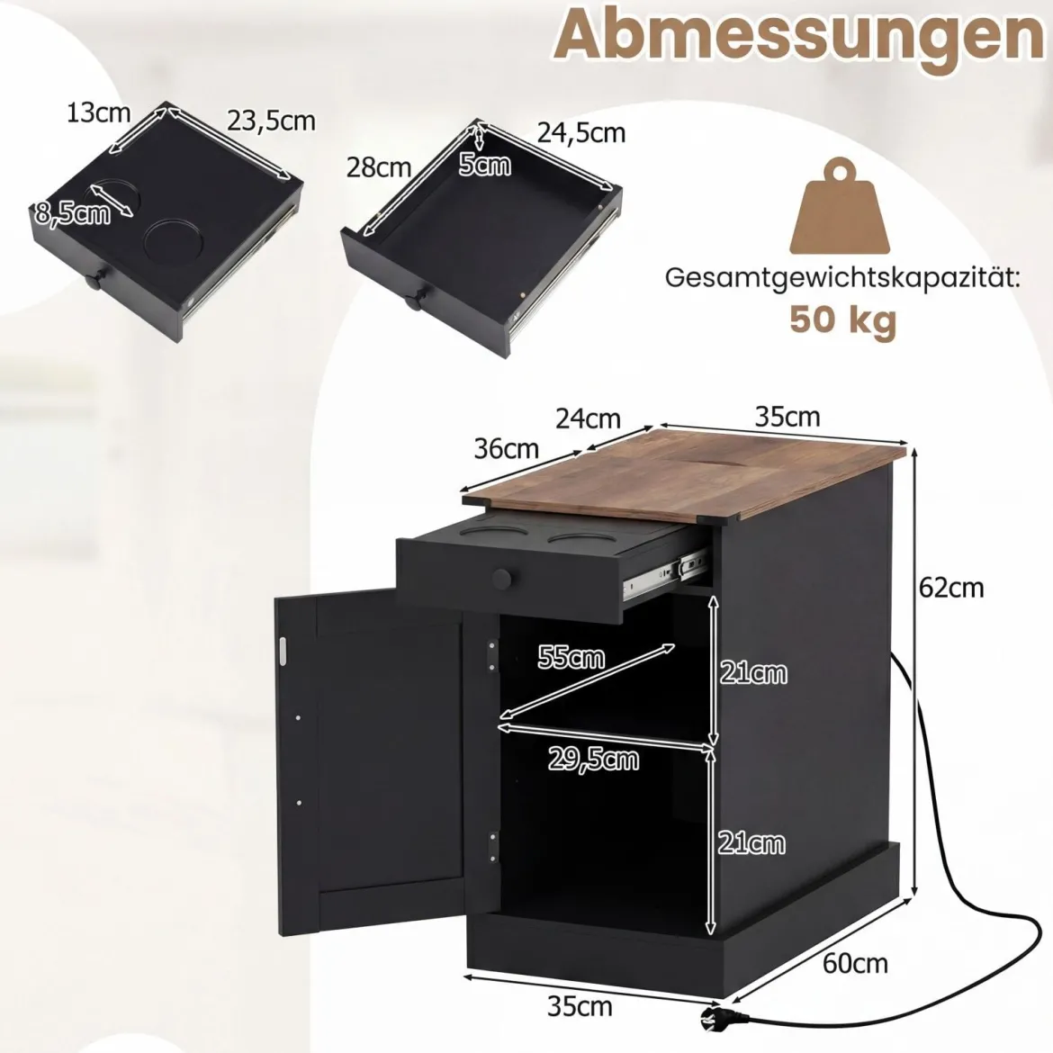 2er Set Beistelltisch Beistellschrank mit Ladestation Nachttisch mit klappbarer Tischplatte Schwarz