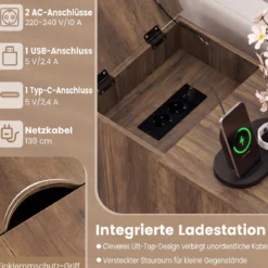 2er Set Beistelltisch Beistellschrank mit Ladestation Nachttisch mit klappbarer Tischplatte Schublade Rustikales Braun