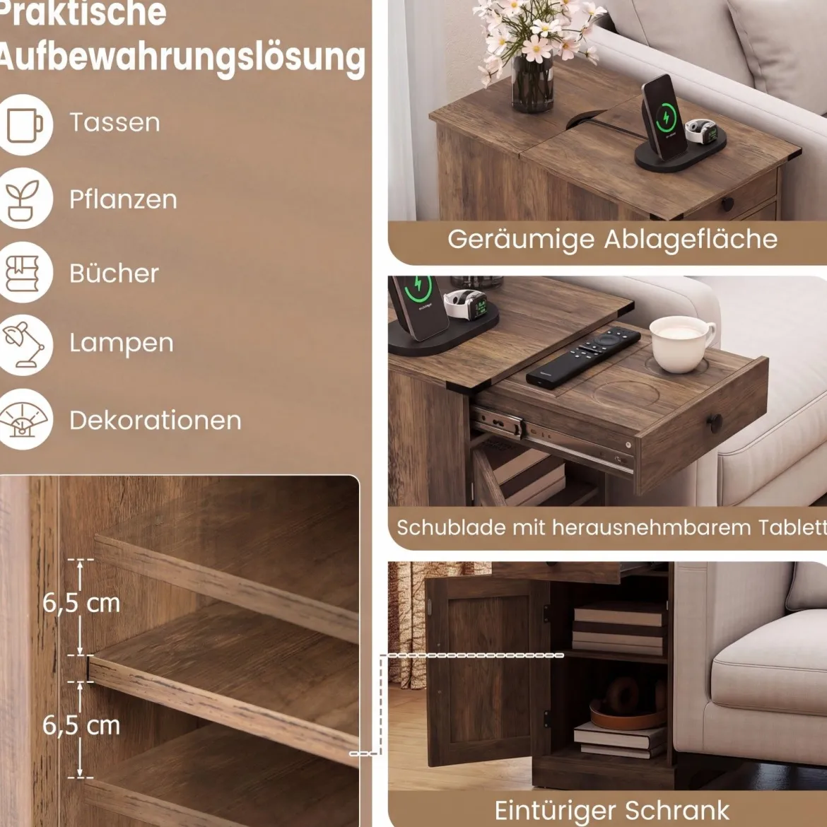 2er Set Beistelltisch Beistellschrank mit Ladestation Nachttisch mit klappbarer Tischplatte Schublade Rustikales Braun