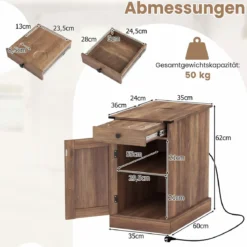 2er Set Beistelltisch Beistellschrank mit Ladestation Nachttisch mit klappbarer Tischplatte Schublade Rustikales Braun