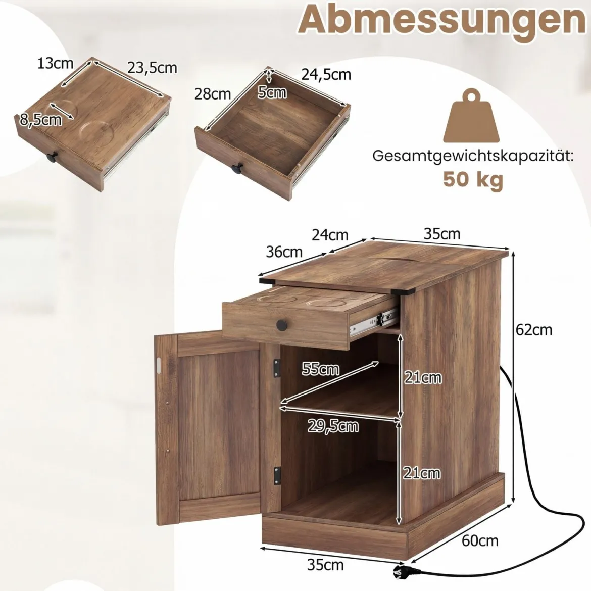 2er Set Beistelltisch Beistellschrank mit Ladestation Nachttisch mit klappbarer Tischplatte Schublade Rustikales Braun