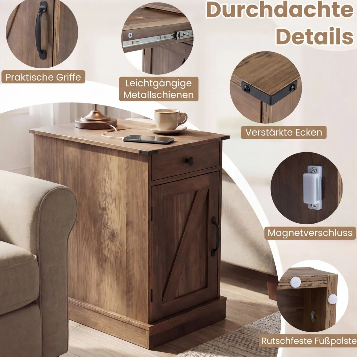 2er Set Beistelltisch Beistellschrank mit Ladestation Nachttisch mit klappbarer Tischplatte Schublade Rustikales Braun