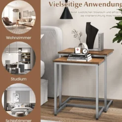3er Set Beistelltische mit Metallrahmen C-Form Couchtisch Satztisch Sofatisch Vintagebraun