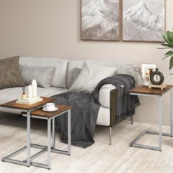 3er Set Beistelltische mit Metallrahmen C-Form Couchtisch Satztisch Sofatisch Vintagebraun