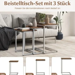 3er Set Beistelltische mit Metallrahmen C-Form Couchtisch Satztisch Sofatisch Vintagebraun