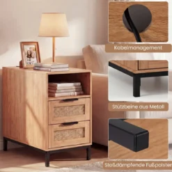 2er Set Beistelltisch mit Ladestation & 2 Schubladen Nachttisch aus Ratten & Holz Natur
