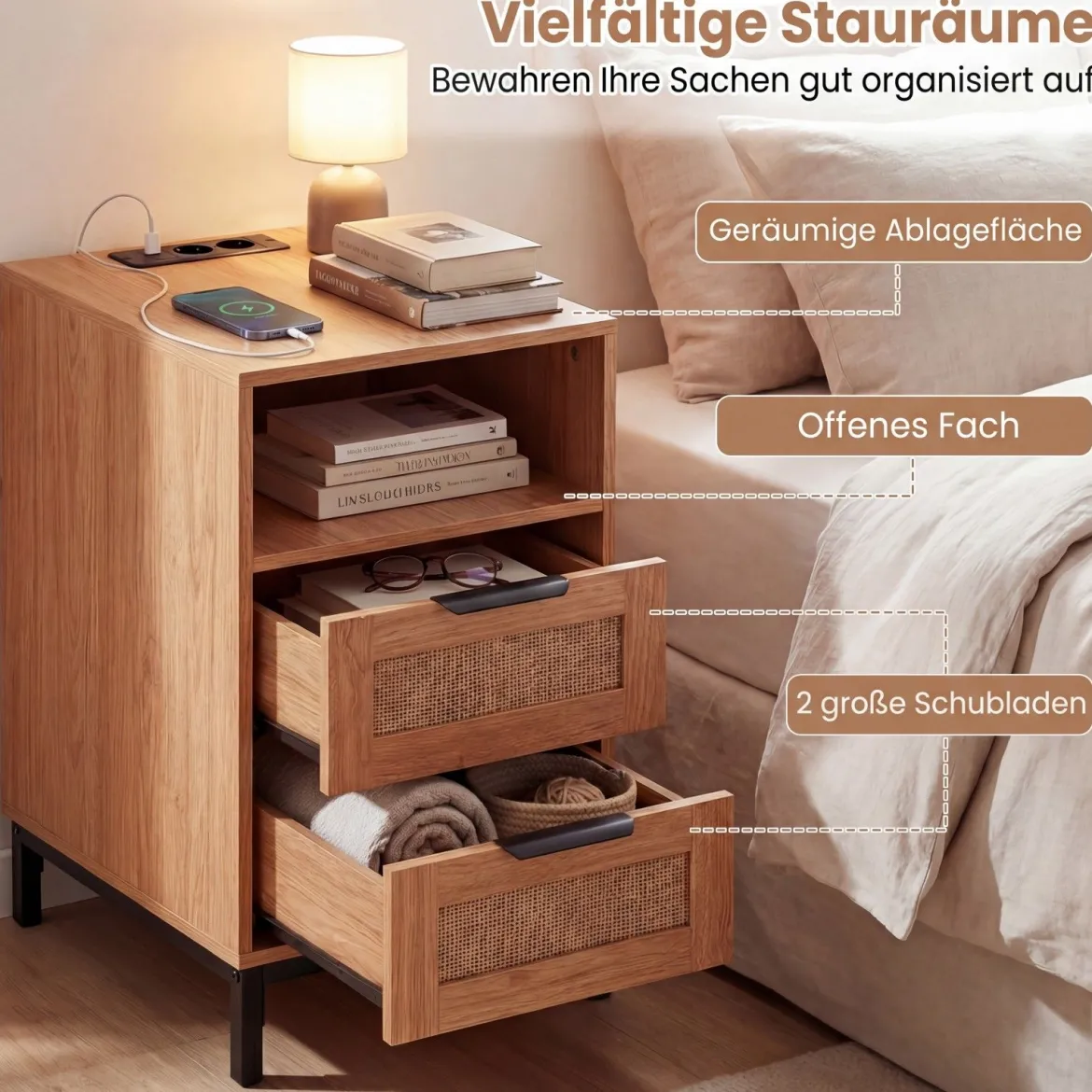 2er Set Beistelltisch mit Ladestation & 2 Schubladen Nachttisch aus Ratten & Holz Natur