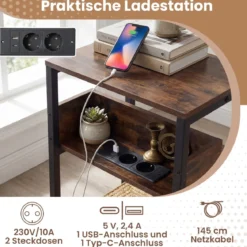 2er Set Beistelltisch mit Ladestation 3-stufiger Endtisch mit Aufbewahrungsregalen Nachttisch Rustikal Braun