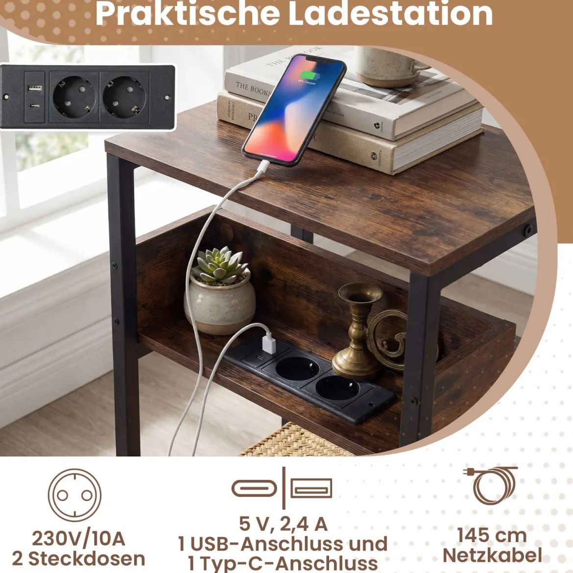 2er Set Beistelltisch mit Ladestation 3-stufiger Endtisch mit Aufbewahrungsregalen Nachttisch Rustikal Braun
