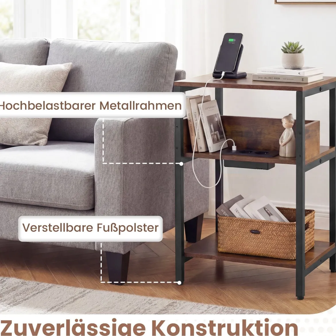 2er Set Beistelltisch mit Ladestation 3-stufiger Endtisch mit Aufbewahrungsregalen Nachttisch Rustikal Braun