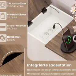 2er Set Beistelltisch mit Ladestation Beistellschrank mit Klappbarer Tischplatte Nachttisch Weiß